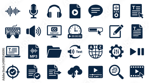 Collection of digital icons representing multimedia content creation editing and management tools for online communication and digital media production