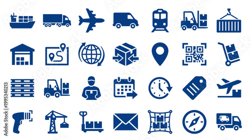 Logistics and delivery icons set for shipping and transportation industry concepts including cargo ship truck airplane train forklift and package tracking