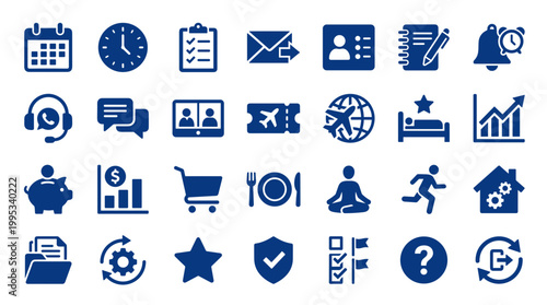 Collection of modern flat icons representing business finance technology and lifestyle concepts on a white background