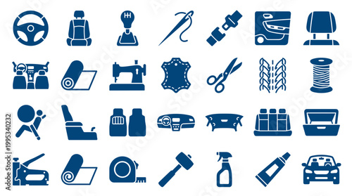 Automotive Interior Design and Repair Icons Set: Steering Wheel Seats Gear Shift Sewing Leather Scissors Airbag Tools and Car Parts Collection