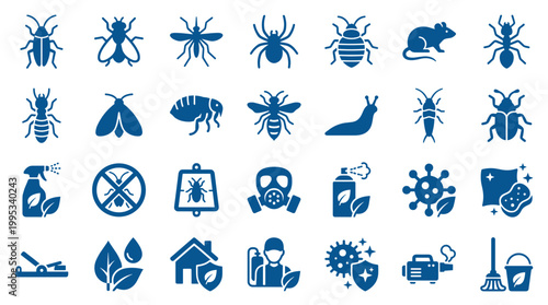 Pest control icons set for extermination services and home protection against insects rodents and viruses with sprayers and protective gear