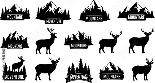 Mountain and forest animal wildlife vector outdoor adventure silhouette labels collection
