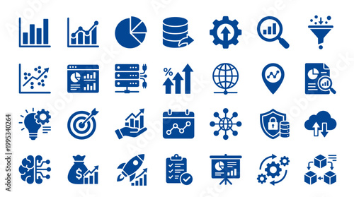Business analytics icons set representing data analysis growth strategy digital transformation and financial success with charts graphs and technology symbols