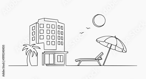 A simplistic sketch of a hotel situated at a tropical beach with a sun umbrella and a sunbath chair under the sunlight