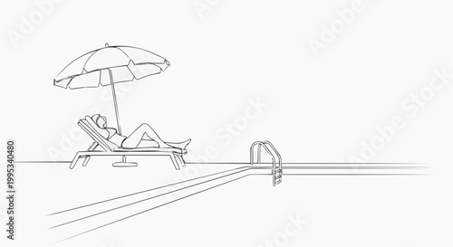 A person relaxing by the pool with an umbrella, embracing tranquility and leisure. A line drawing of a person relaxing by the pool. The scene captures the essence of relaxation and leisure