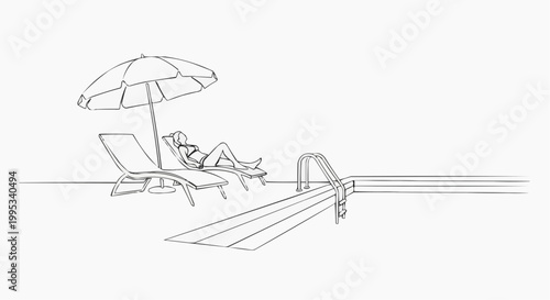Relaxation by the pool with umbrella in drawing