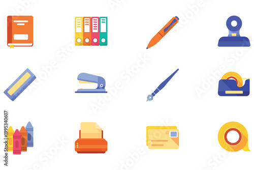 A vibrant collection of essential office and school supplies arranged neatly on a white background.