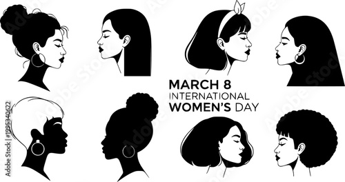 International Women's Day. March 8. Portraits of different women in profile. Horizontal format. Violet colors. Vector illustration, flat design
