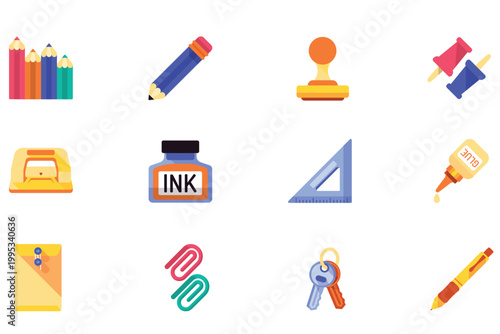 A collection of colorful office and school supplies, including pencils, stapler, ink, glue, paper clips, and keys, on a white background.
