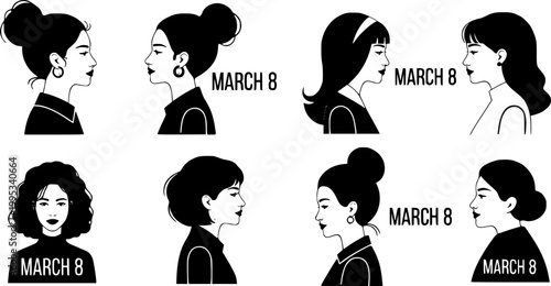 International Women's Day. March 8. Portraits of different women in profile. Horizontal format. Violet colors. Vector illustration, flat design
