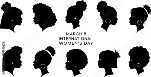 International Women's Day. March 8. Portraits of different women in profile. Horizontal format. Violet colors. Vector illustration, flat design
