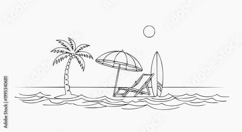 Tropical paradise with a sun, a beach umbrella, a palm tree, and a surfboard