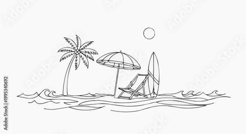 Serene beach scene illustration with palm trees and ocean waves. An artistic depiction of a vacation, featuring palm tree, sun, waves, and surfing board