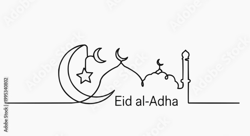 Elegant line art illustration of the Eid al-Adha festival. The design includes a crescent moon, star, and mosque silhouette