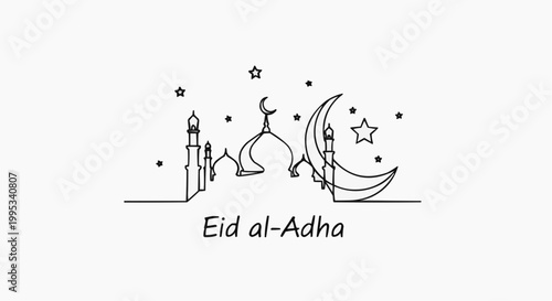 Elegant Illustration of Eid al-Adha Celebration, featuring a mosque, crescent moon, and stars, celebrating a significant moment