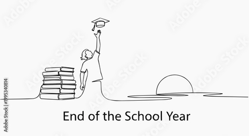 A minimalist illustration capturing the essence of the school year's conclusion, with a graduate's journey symbolized by a single line