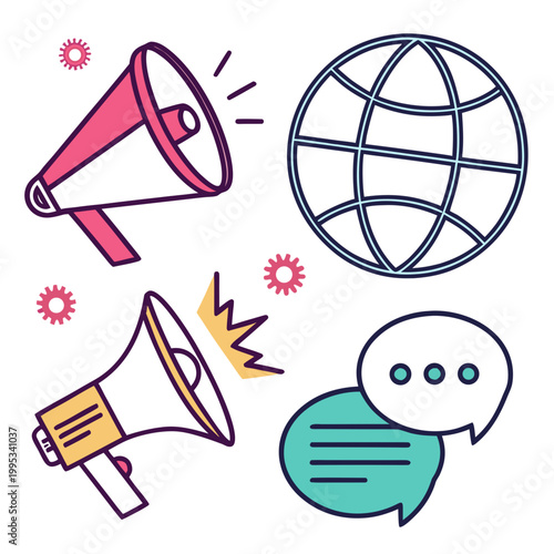 A colorful vector graphic illustration of megaphones, a globe, and speech bubbles, symbolizing communication and global outreach.