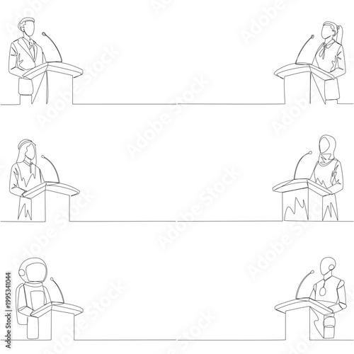 Set of continuous line drawing shows a man, woman, Arab, astronaut, and robot delivering a speech on a podium. A corporate communication concept designed for an executive presentation layout.