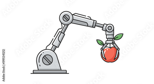 Robotic arm picking up a fresh apple with leaves, technology and nature concept.