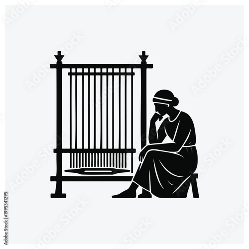 Silhouette of a woman sitting near a cage or enclosure