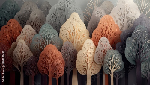Stylized forest scene; autumn color palette and paper texture