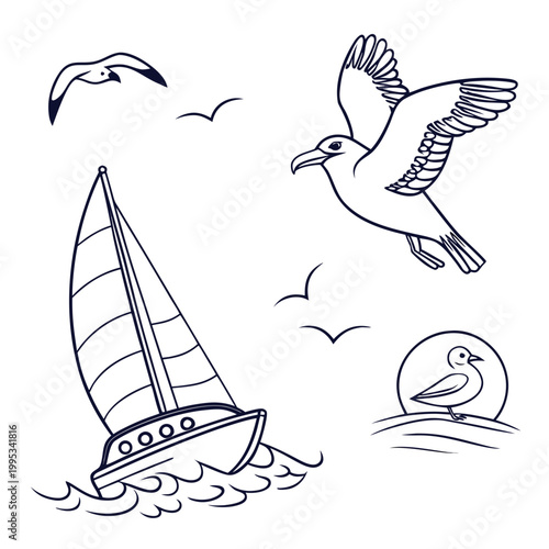 A minimalist vector illustration of a sailboat and seagulls in a simple line art style