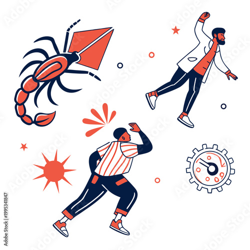A vibrant vector graphic illustration of two men running with a scorpion and clock gear in a dynamic scene