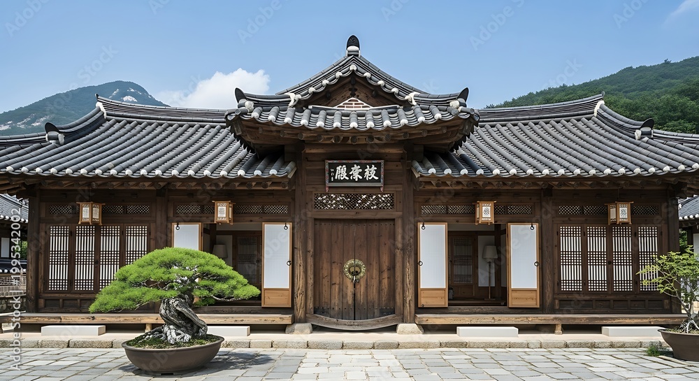 Naklejka premium Traditional Korean Hanok House with Bonsai Tree and Mountains