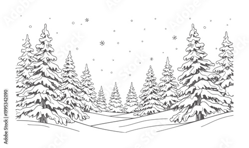 Snowy forest landscape with falling snowflakes and evergreen trees winter