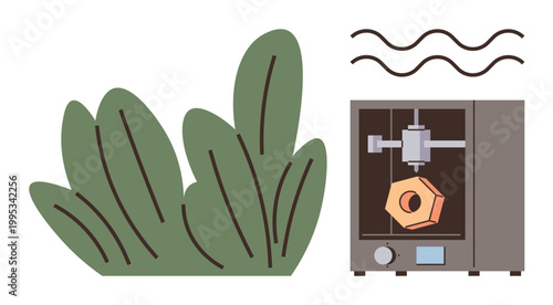 Technology, sustainability, additive manufacturing, innovation, modern design, eco-friendliness. A 3D printer creating a geometric shape next to green plants. Technology and sustainability concept