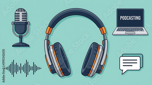 Flat vector illustration of headphones microphone laptop sound wave and speech bubble on a teal background representing podcast production and audio streaming.