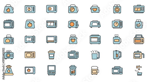 Kitchen Appliances Icons Collection: A colorful and diverse collection of kitchen appliance icons, showcasing the essential tools of modern culinary life.