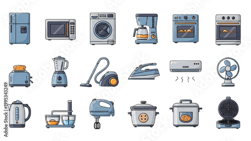 Household Appliance Collection: A colorful collection of essential household appliances, representing the modern convenience and domestic functionality. 