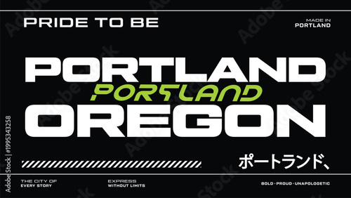 Portland Oregon pride graphic design with Japanese text and bold Typography Design A Visually Striking Representation of a Vibrant City