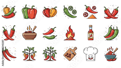 Fiery Pepper Icons: A vibrant collection of stylized pepper icons, showcasing diverse varieties and culinary applications. Evoking flavors, ingredients, and the essence of spice.