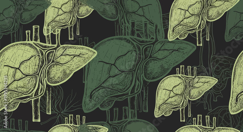 Seamless pattern of human liver anatomy in green tones, illustrating internal organs and medical science.