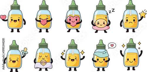 Cute Baby Bottle Cartoon Character Set with Funny Faces, Emotions, Sleeping, Love and Feeding Actions in Adorable Flat Mascot Vector Illustration