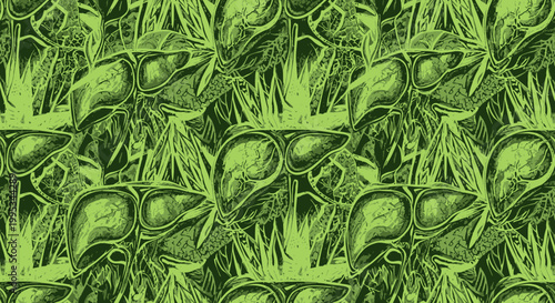 Seamless pattern of stylized human livers and green foliage, rendered in an illustrative style.