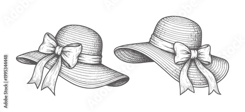 Two vintage straw hats with bows white ribbon