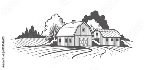 Vintage farm scene with barns and fields in black and white rural landscape