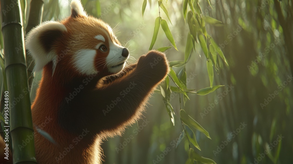 Fototapeta premium Adorable Red Panda Grooming Bamboo in Serene Forest Setting