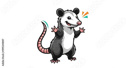 cute cartoon raccoon mascot waving with colorful confetti in flat design