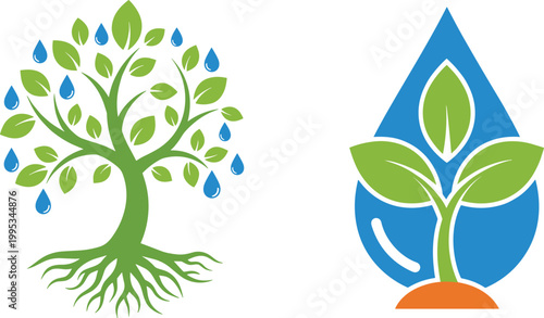 Eco Water Conservation Vector Illustration with Green Tree, Water Drops, Plant Growth and Sustainability Symbol for Environmental Protection Design