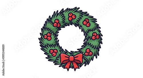 hand-drawn christmas wreath with red berries and pine needles on white background
