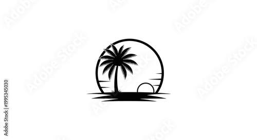 minimalist tropical island silhouette in circular frame on white background