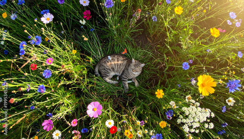 A dreamy top-down perspective from above, looking down at the ground, surrounded by wildflowers and tall grass forming a circular composition. 