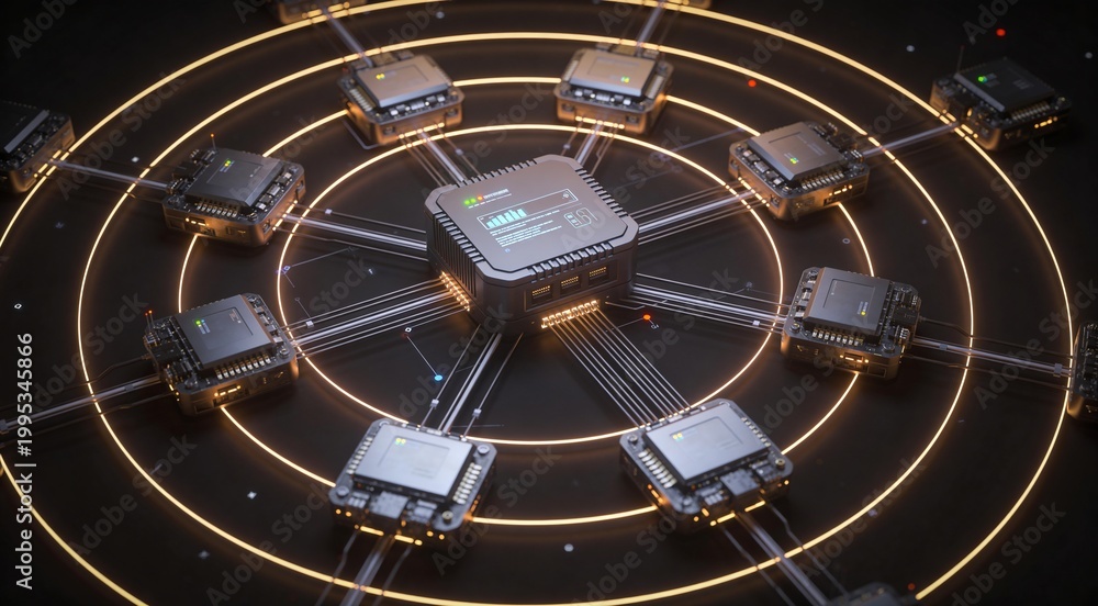 Naklejka premium Clean enterprise topology scene with central compute core and balanced radial node structure, professional stock image for infrastructure visibility, system coordination and distributed operations