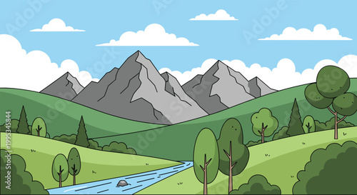 Peaceful nature landscape featuring grey mountain peaks green hills and a blue river flowing through a forested valley.