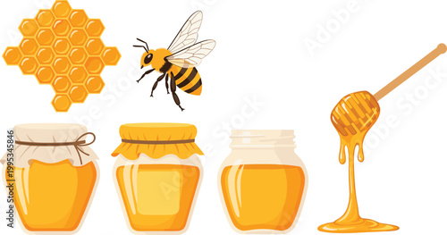 Honey Elements Vector Set with Bee, Honeycomb, Jars and Dripping Honey Dipper in Flat Style for Organic Food and Beekeeping Design Projects