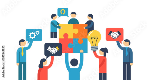 Diverse business people holding puzzle pieces.